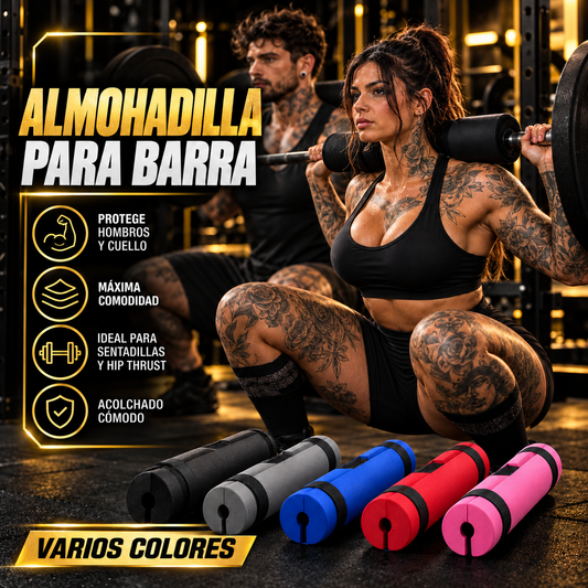 Almohadilla para barra de gimnasio en formato cuadrado, con modelos tatuados y colores disponibles