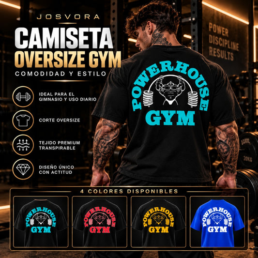 Camiseta oversize negra POWERHOUSE GYM turquesa con modelo tatuado y cuatro colores disponibles