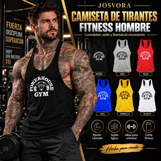 Camiseta de tirantes Powerhouse Gym para hombre, modelo tatuado y seis colores disponibles