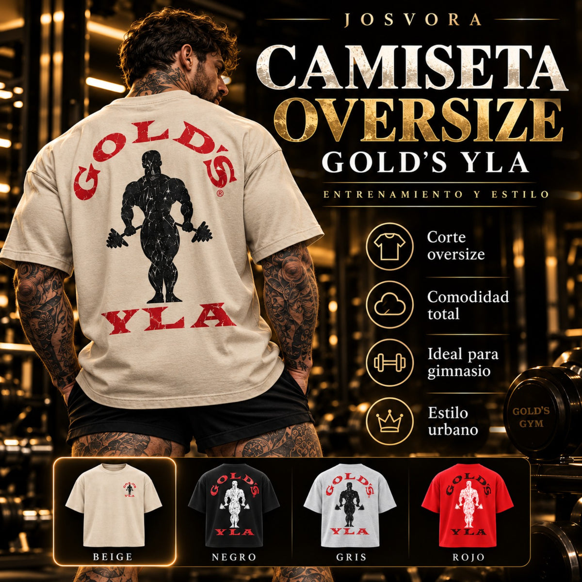 Camiseta Oversize Gold's YLA: modelo tatuado con camiseta beige y cuatro colores disponibles