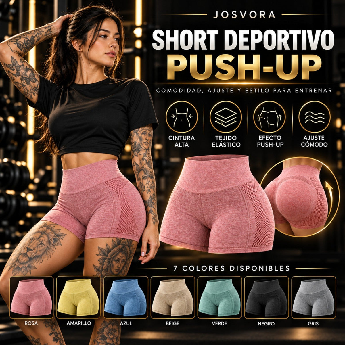 Portada cuadrada de Short Deportivo Push-Up con modelo tatuada, detalle del producto y siete colores disponibles
