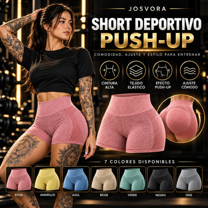 Portada cuadrada de Short Deportivo Push-Up con modelo tatuada, detalle del producto y siete colores disponibles