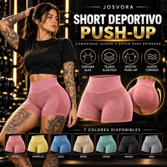 Portada cuadrada de Short Deportivo Push-Up con modelo tatuada, detalle del producto y siete colores disponibles