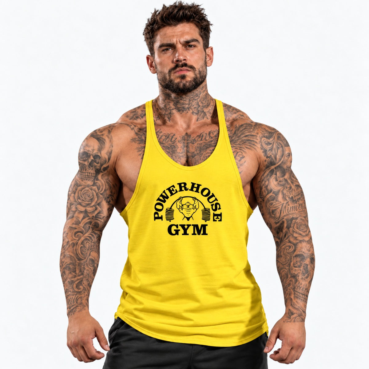 Camiseta de tirantes Amarillo/negro/logo grande con el mismo modelo tatuado