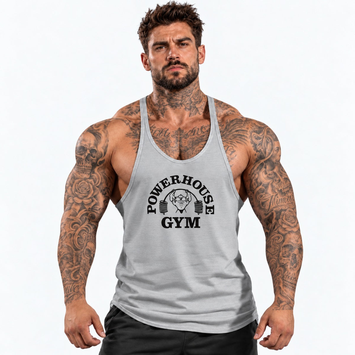 Camiseta de tirantes Gris/negro/logo grande con el mismo modelo tatuado