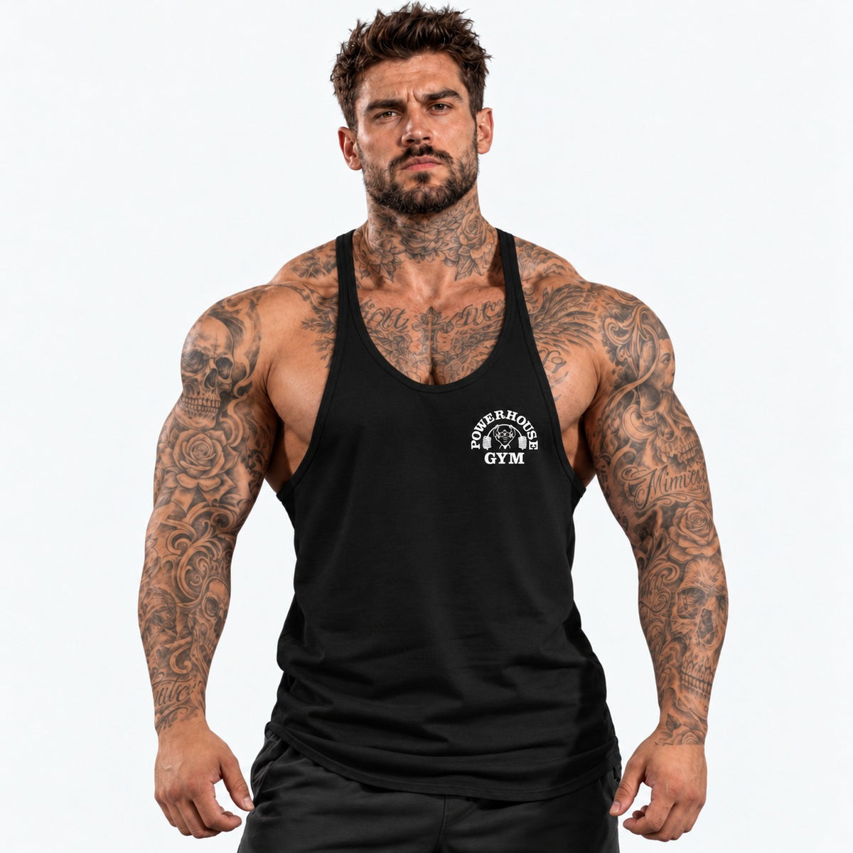 Camiseta de tirantes Negro/blanco/logo pequeño con el mismo modelo tatuado