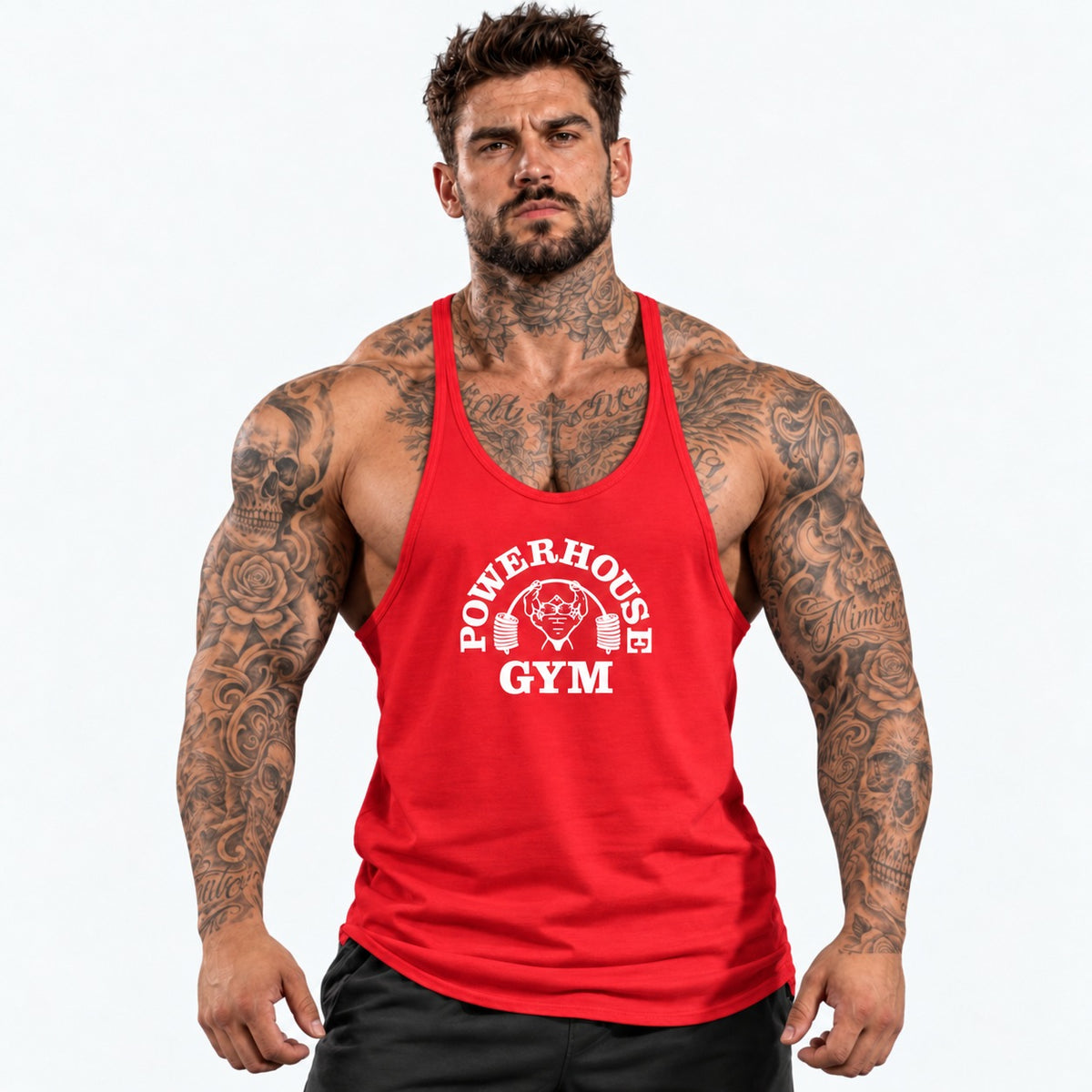 Camiseta de tirantes Rojo/blanco/logo grande con el mismo modelo tatuado