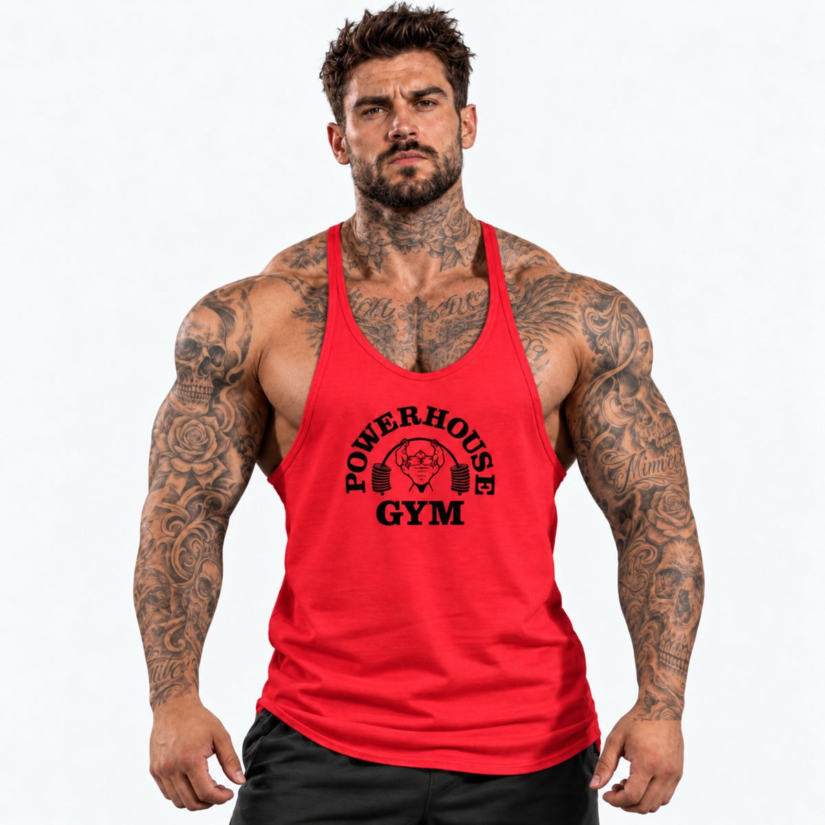 Camiseta de tirantes Rojo/negro/logo grande con el mismo modelo tatuado