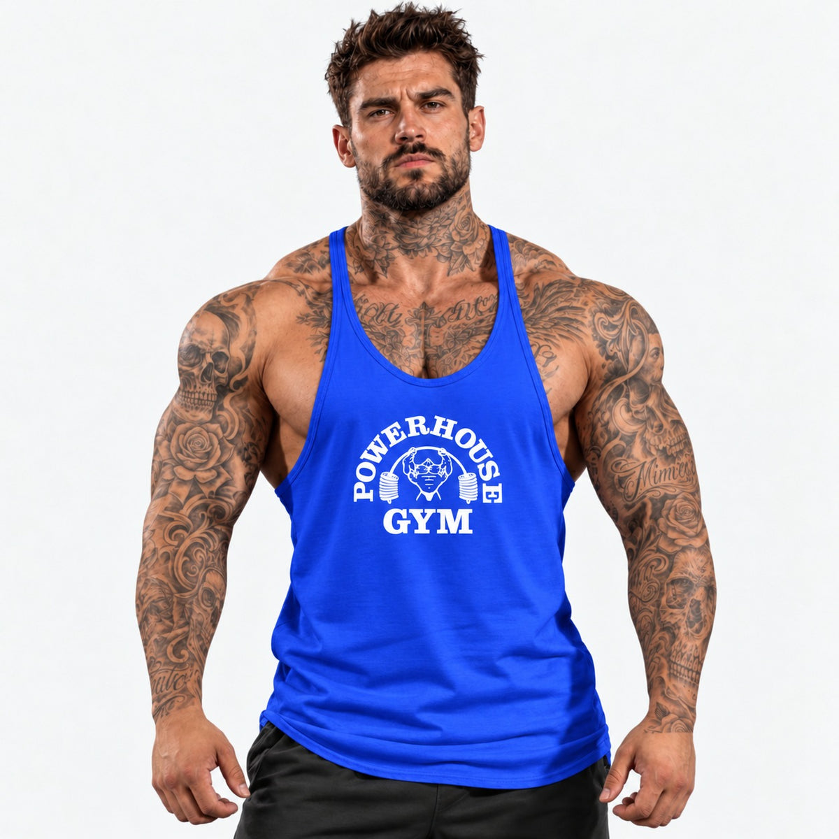 Camiseta de tirantes Azul/blanco/logo grande con el mismo modelo tatuado