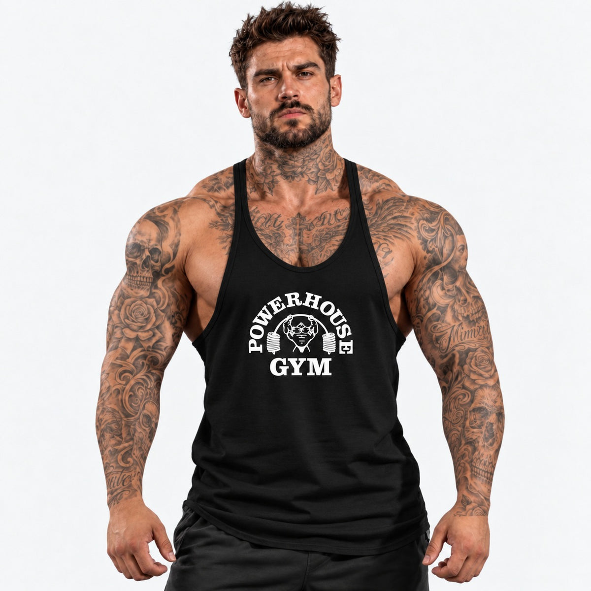 Camiseta de tirantes Negro/blanco/logo grande con el mismo modelo tatuado