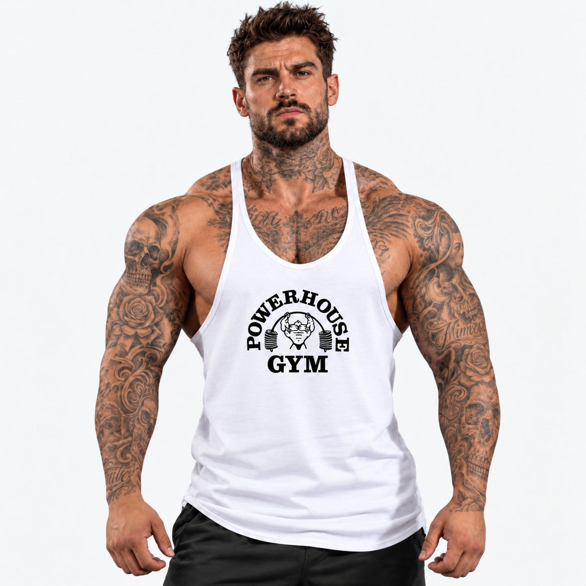 Camiseta de tirantes Blanco/negro/logo grande con el mismo modelo tatuado