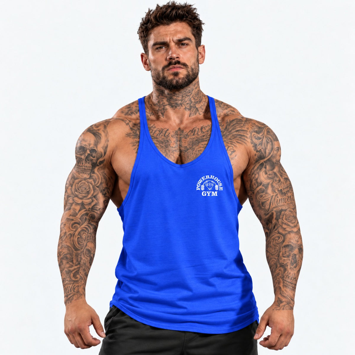 Camiseta de tirantes Azul/blanco/logo pequeño con el mismo modelo tatuado