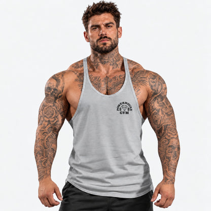 Camiseta de tirantes Gris/negro/logo pequeño con el mismo modelo tatuado