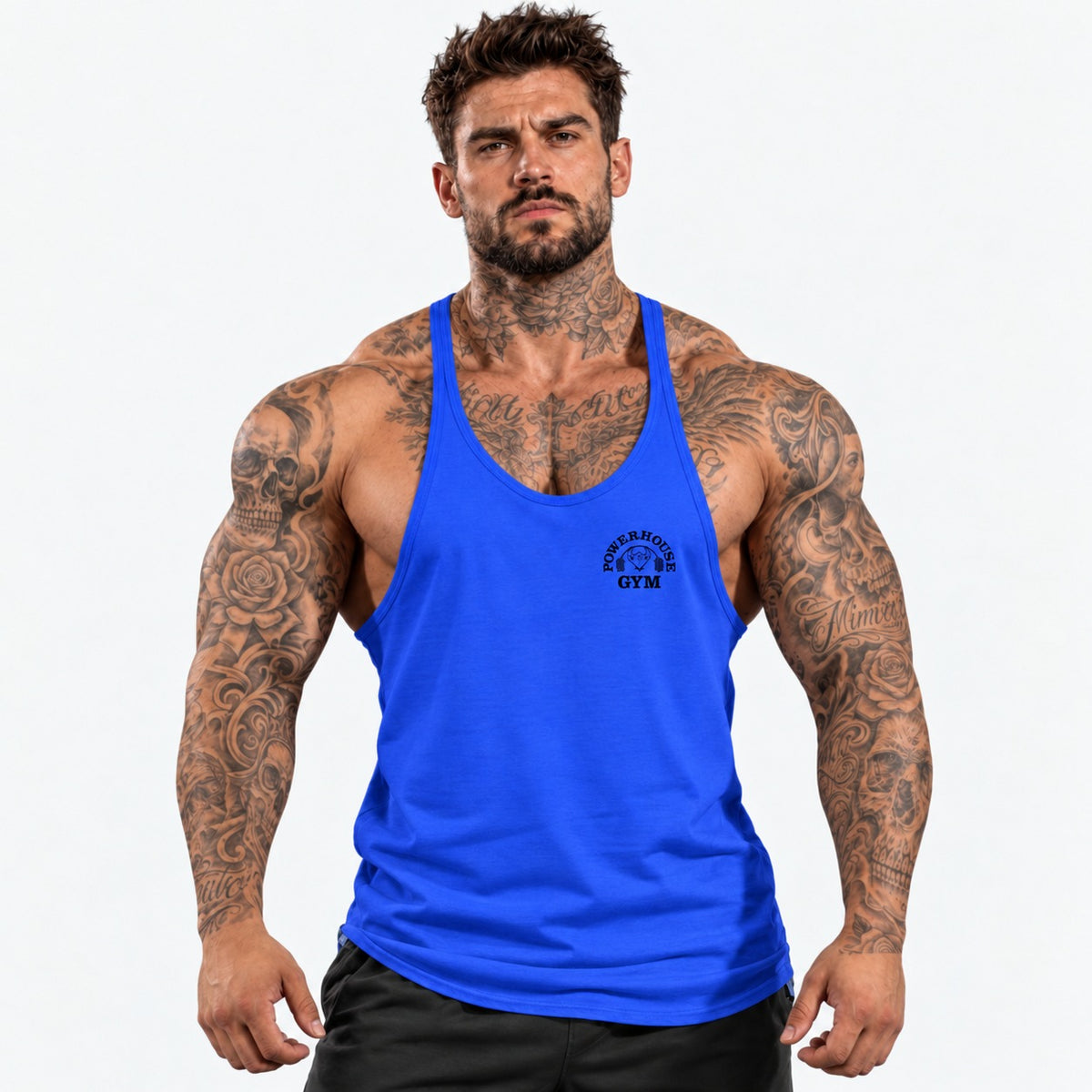 Camiseta de tirantes Azul/negro/logo pequeño con el mismo modelo tatuado