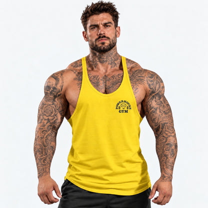 Camiseta de tirantes Amarillo/negro/logo pequeño con el mismo modelo tatuado