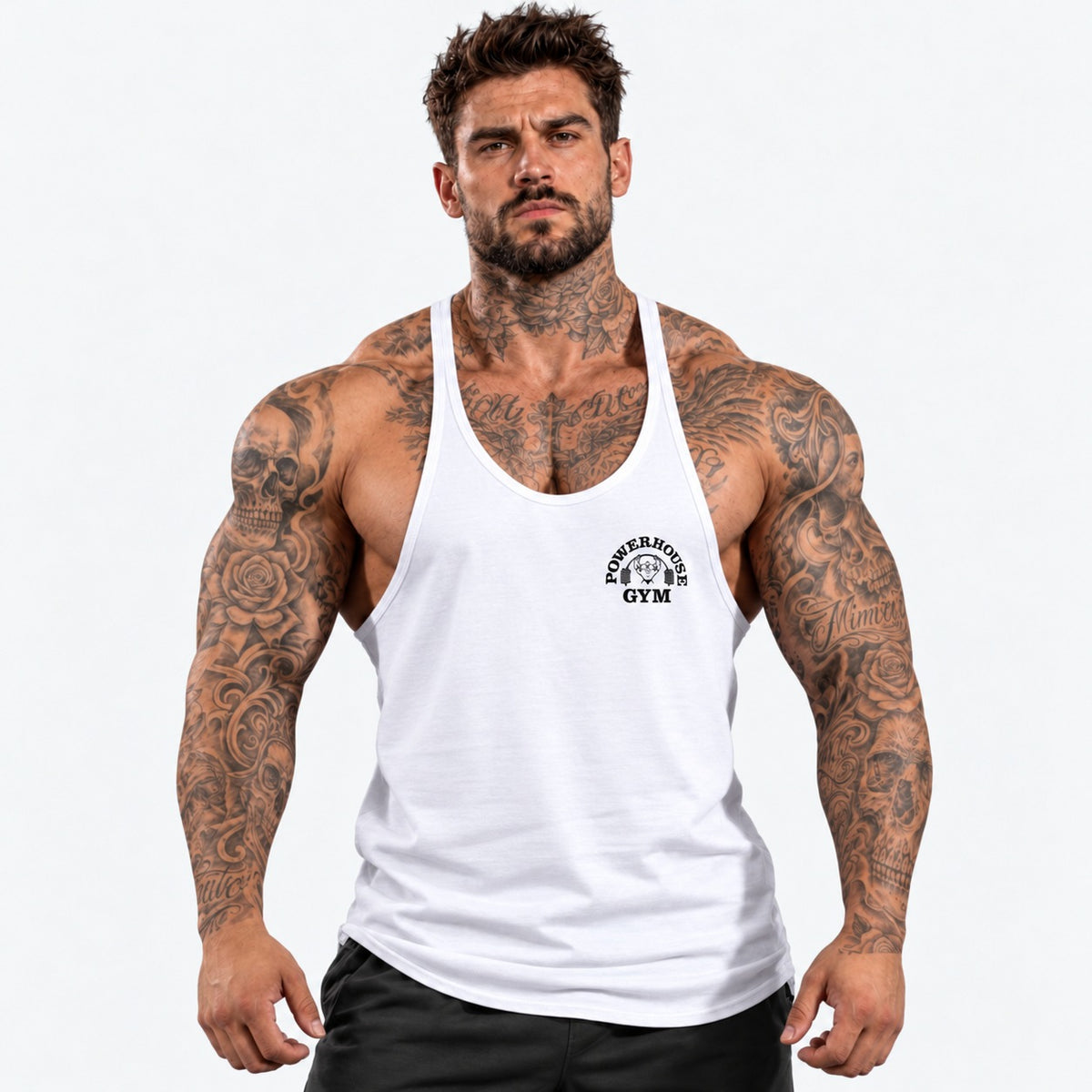 Camiseta de tirantes Blanco/negro/logo pequeño con el mismo modelo tatuado