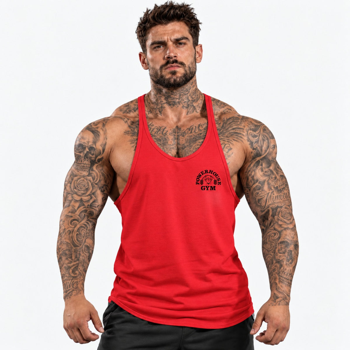 Camiseta de tirantes Rojo/negro/logo pequeño con el mismo modelo tatuado