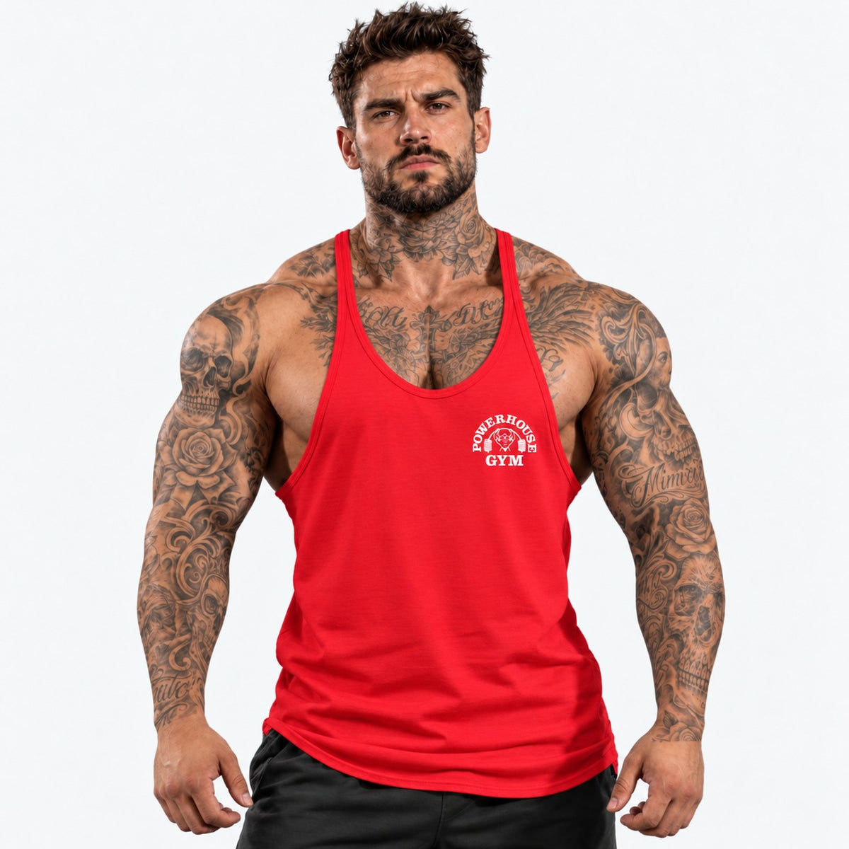Camiseta de tirantes Rojo/blanco/logo pequeño con el mismo modelo tatuado