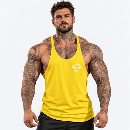 Camiseta de tirantes Amarillo/blanco/logo pequeño con el mismo modelo tatuado